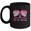 Save The Pumpkin Boobs Skeleton Hand Halloween Breast Cancer Mug | siriusteestore