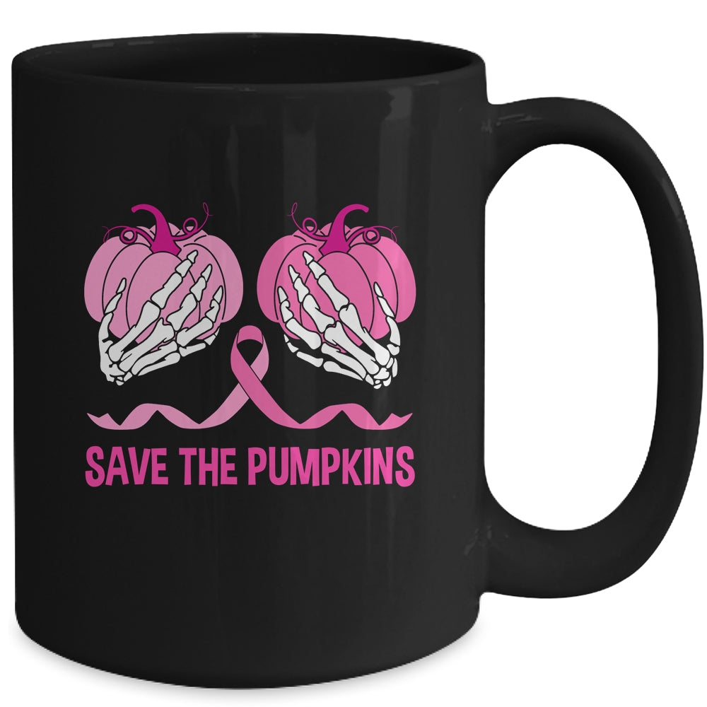 Save The Pumpkin Boobs Skeleton Hand Halloween Breast Cancer Mug | siriusteestore