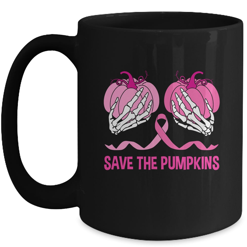 Save The Pumpkin Boobs Skeleton Hand Halloween Breast Cancer Mug | siriusteestore