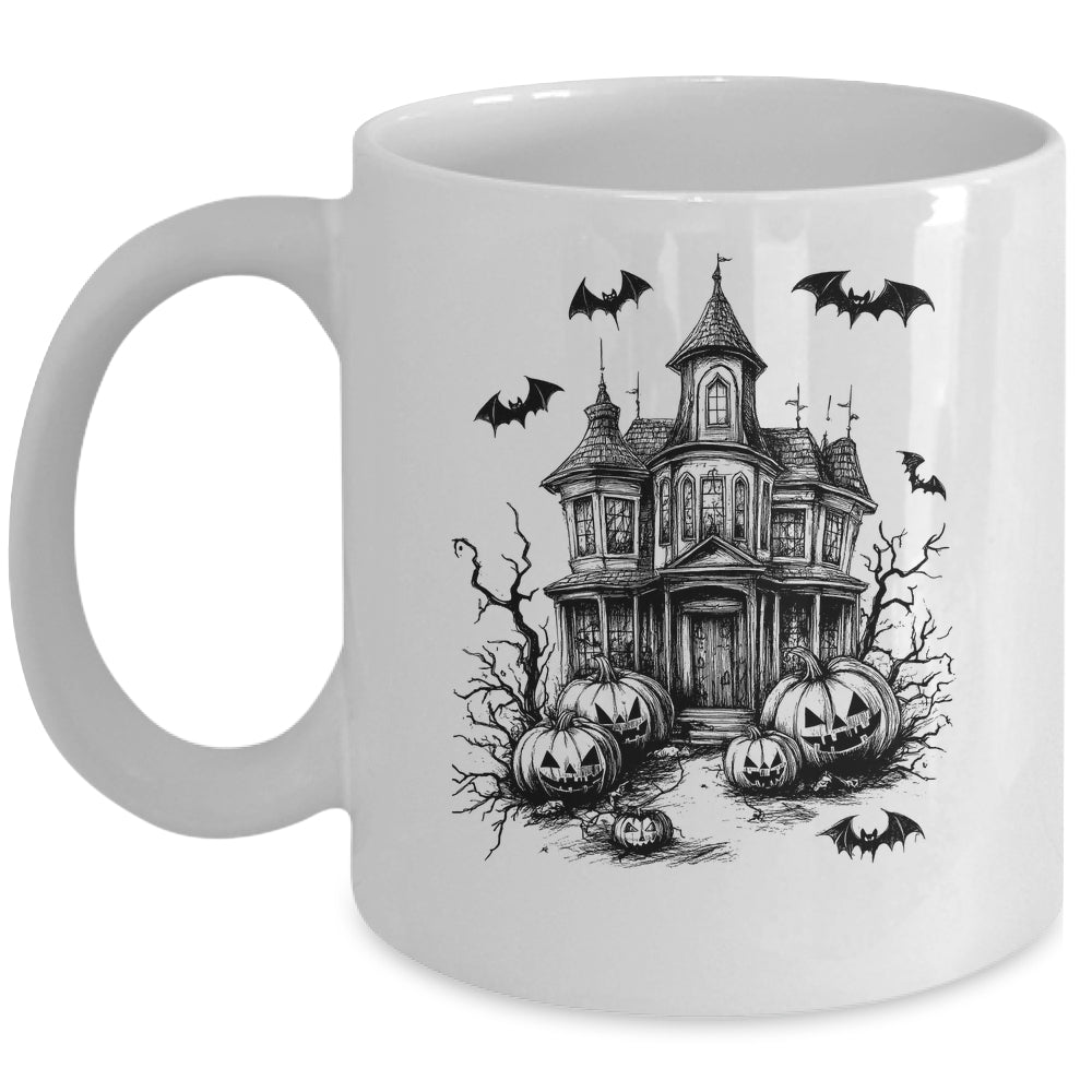 Scary Halloween House Spooky Season Bats Pumpkins Costume Mug | siriusteestore