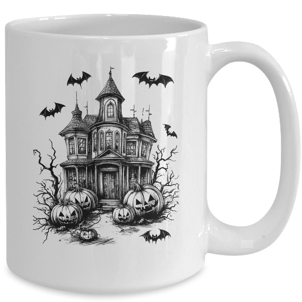 Scary Halloween House Spooky Season Bats Pumpkins Costume Mug | siriusteestore