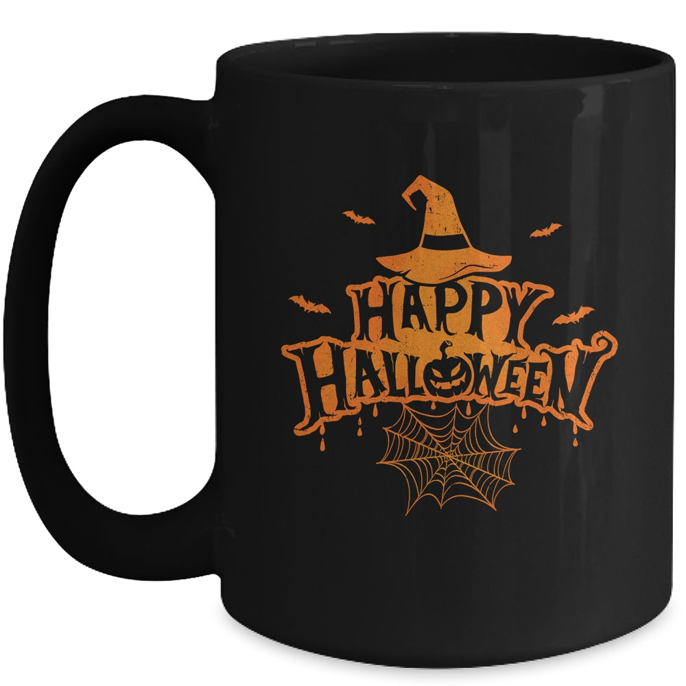 Scary Happy Halloween With Witch Hat Pumpkin Face And Bats Mug | siriusteestore
