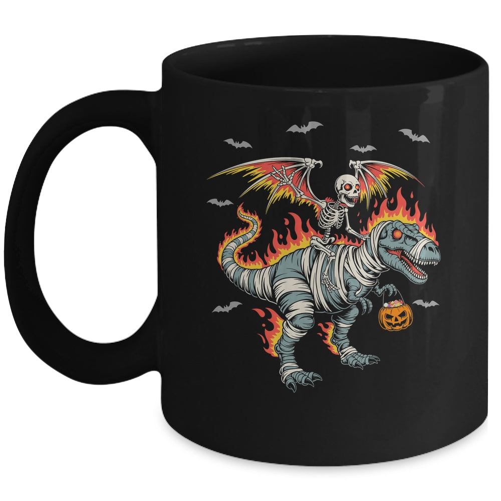Scary Skeleton Riding Dinosaur T-Rex Halloween Pumpkin Mug | siriusteestore