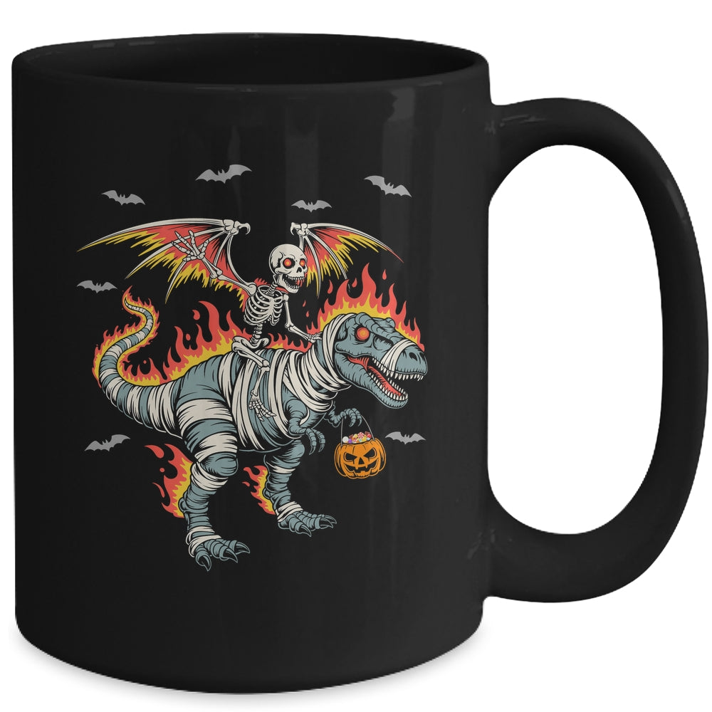 Scary Skeleton Riding Dinosaur T-Rex Halloween Pumpkin Mug | siriusteestore