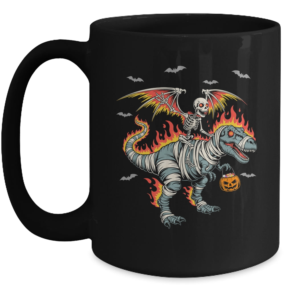 Scary Skeleton Riding Dinosaur T-Rex Halloween Pumpkin Mug | siriusteestore