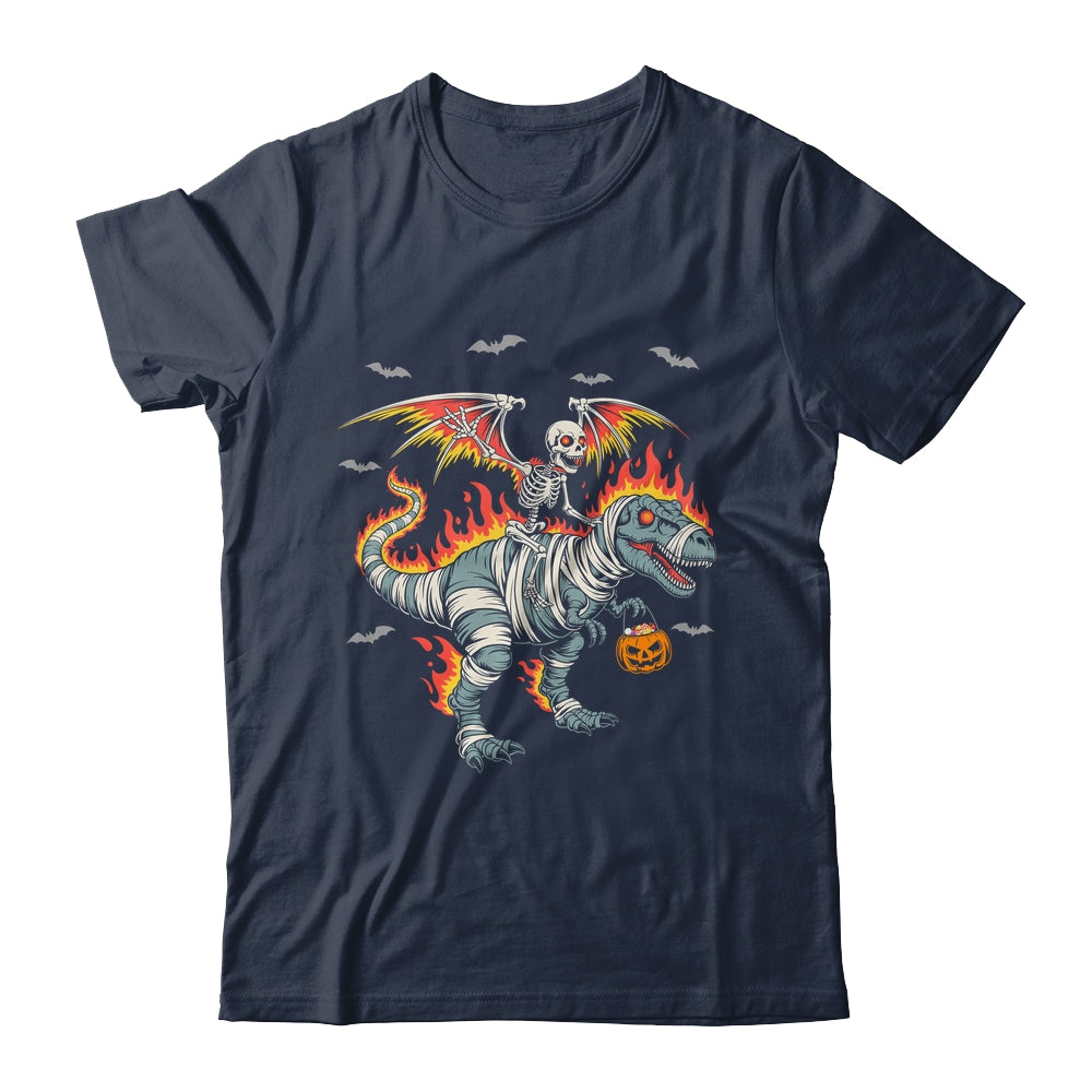 Scary Skeleton Riding Dinosaur T-Rex Halloween Pumpkin Shirt & Hoodie | siriusteestore