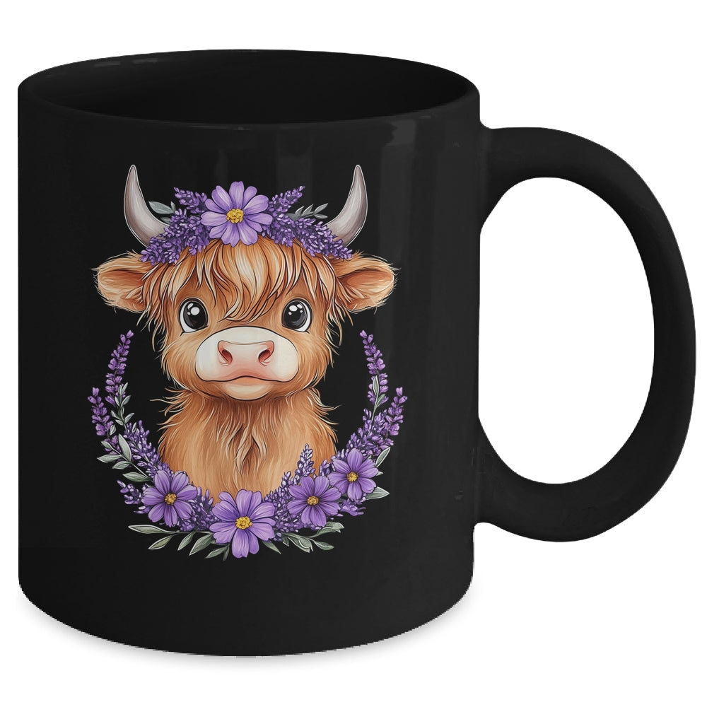 Scottish Highland Cow Baby With Purple Flowers Farmer Women Mug | siriusteestore