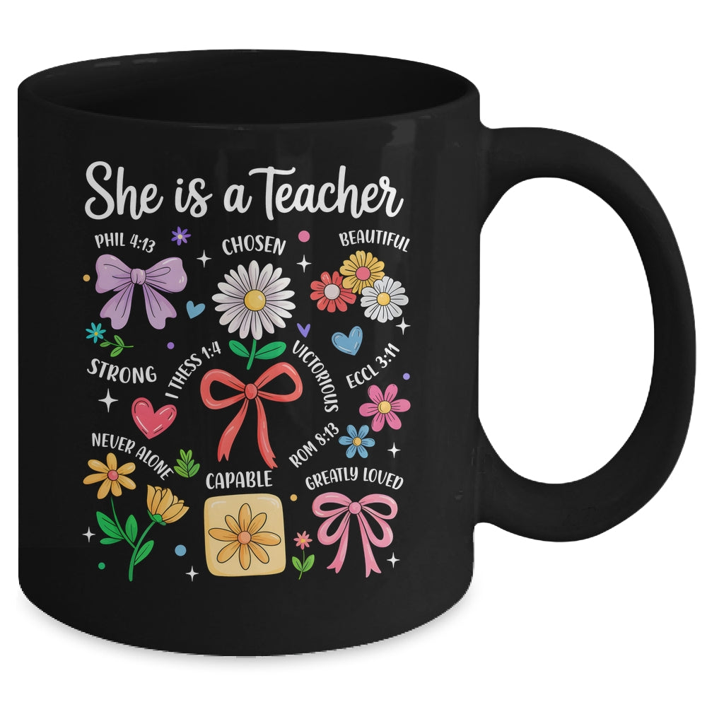 She Is A Teacher Coquette Bow Happy First Day Back To School Mug | siriusteestore