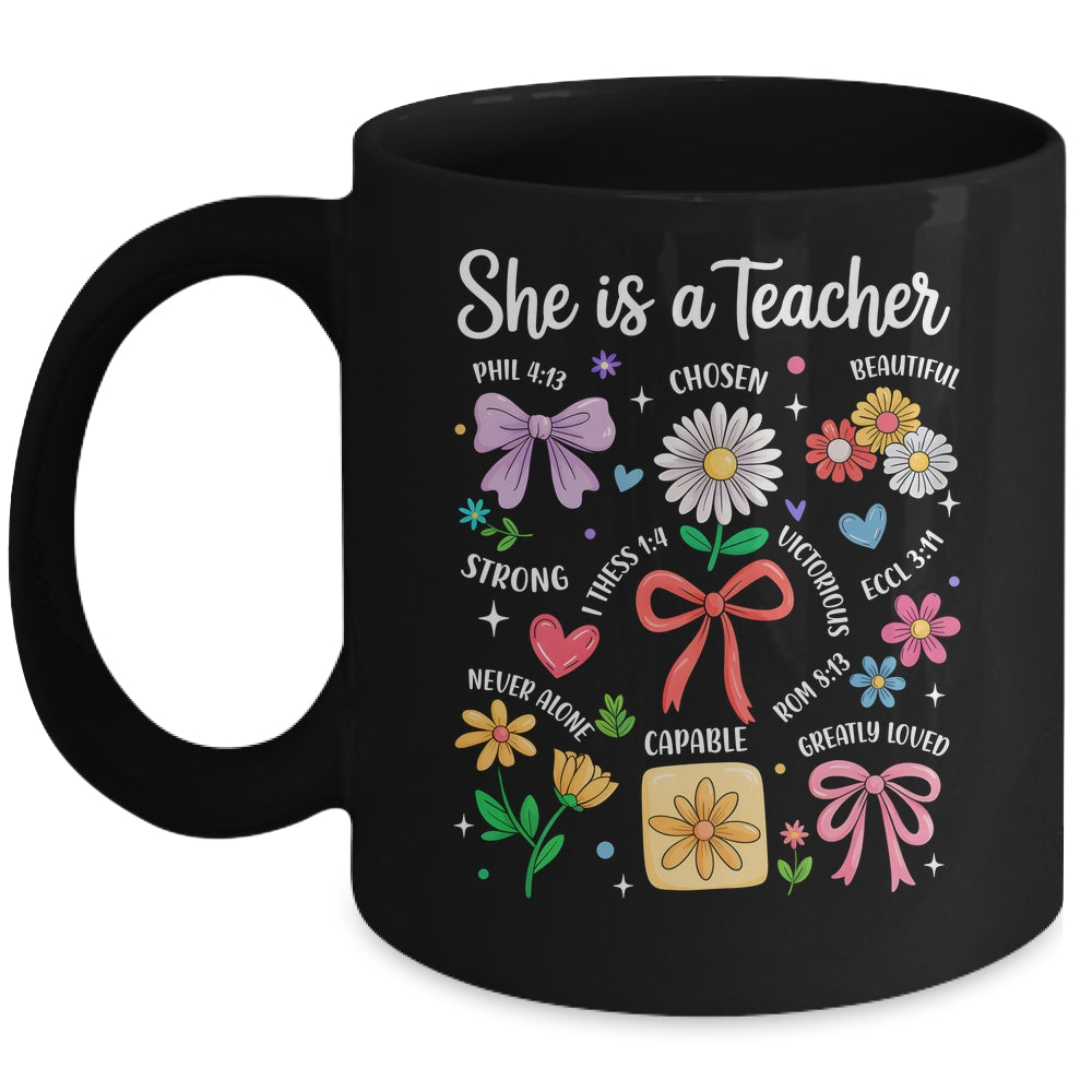 She Is A Teacher Coquette Bow Happy First Day Back To School Mug | siriusteestore