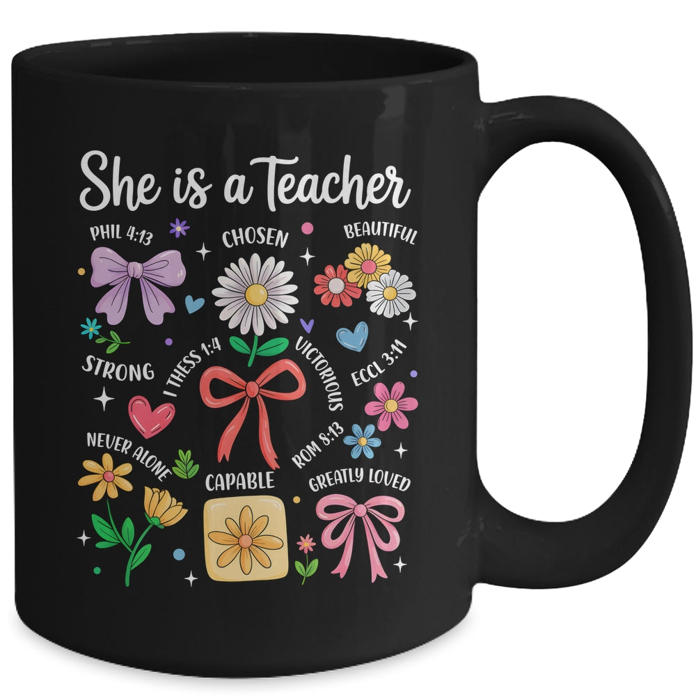 She Is A Teacher Coquette Bow Happy First Day Back To School Mug | siriusteestore