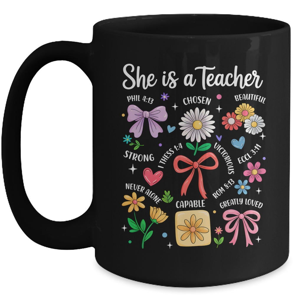She Is A Teacher Coquette Bow Happy First Day Back To School Mug | siriusteestore