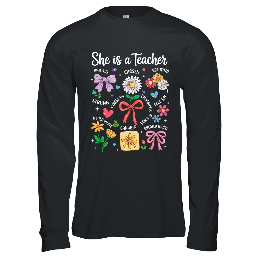 She Is A Teacher Coquette Bow Happy First Day Back To School Shirt & Hoodie | siriusteestore