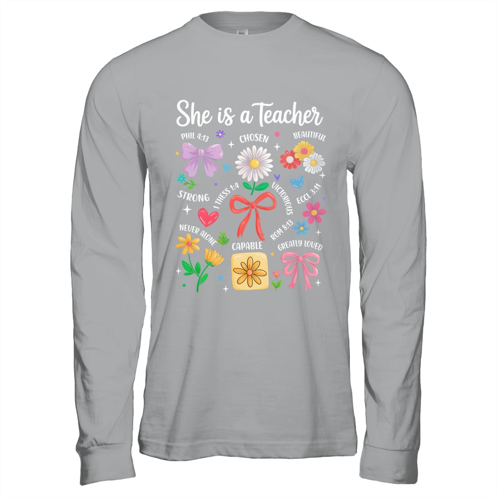 She Is A Teacher Coquette Bow Happy First Day Back To School Shirt & Hoodie | siriusteestore