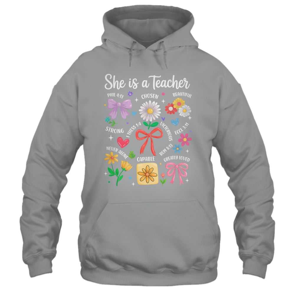 She Is A Teacher Coquette Bow Happy First Day Back To School Shirt & Hoodie | siriusteestore