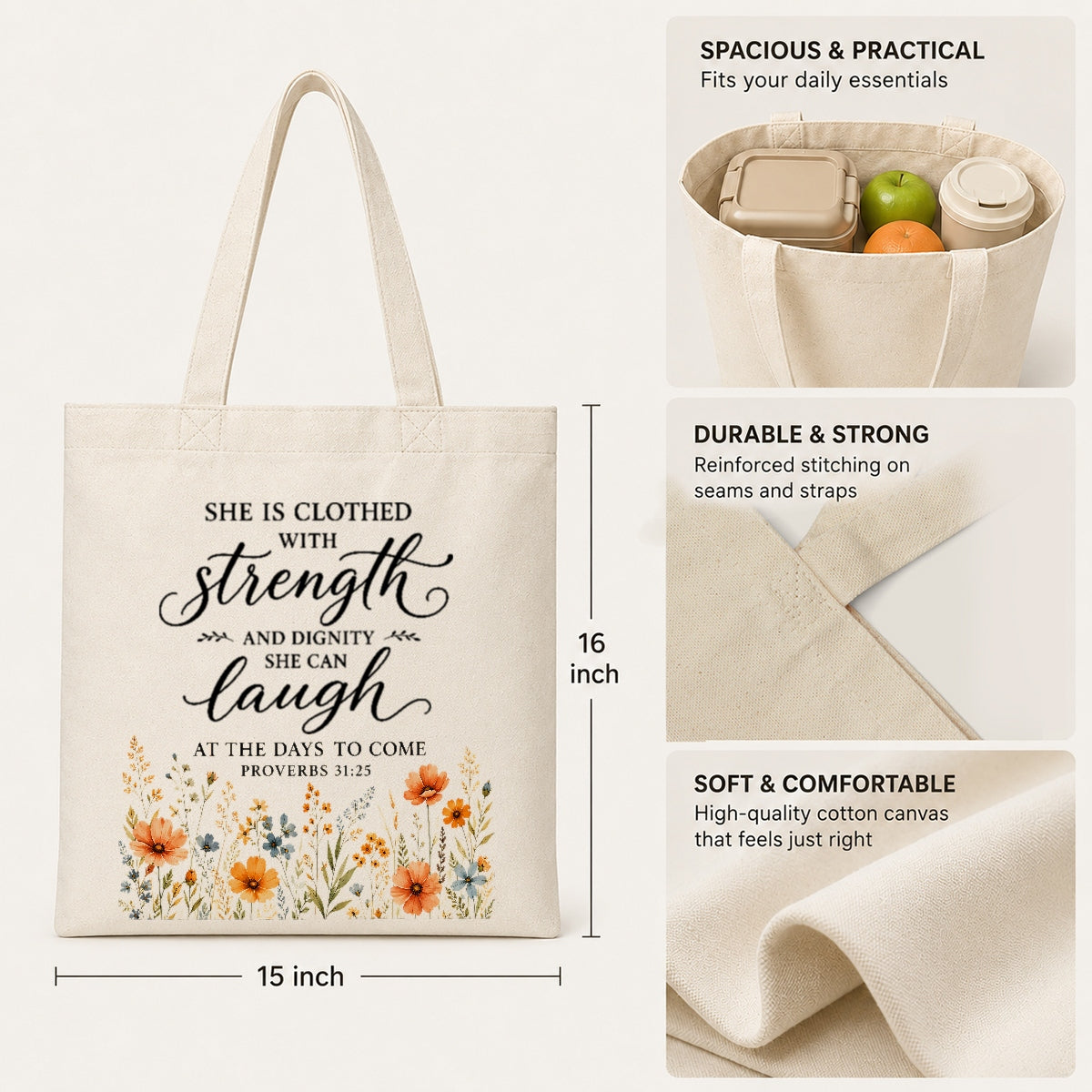 She Is Clothed With Strength And Dignity Proverbs 31 25 Christian Tote Bag Floral Bible Verse Canvas Bag Faith Inspirational Gift For Women Church | siriusteestore
