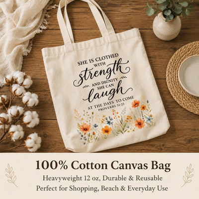 She Is Clothed With Strength And Dignity Proverbs 31 25 Christian Tote Bag Floral Bible Verse Canvas Bag Faith Inspirational Gift For Women Church | siriusteestore