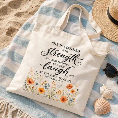 She Is Clothed With Strength And Dignity Proverbs 31 25 Christian Tote Bag Floral Bible Verse Canvas Bag Faith Inspirational Gift For Women Church | siriusteestore