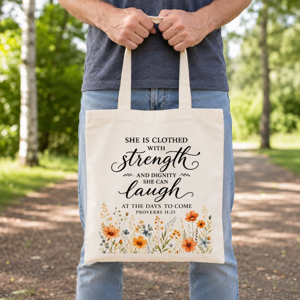She Is Clothed With Strength And Dignity Proverbs 31 25 Christian Tote Bag Floral Bible Verse Canvas Bag Faith Inspirational Gift For Women Church | siriusteestore