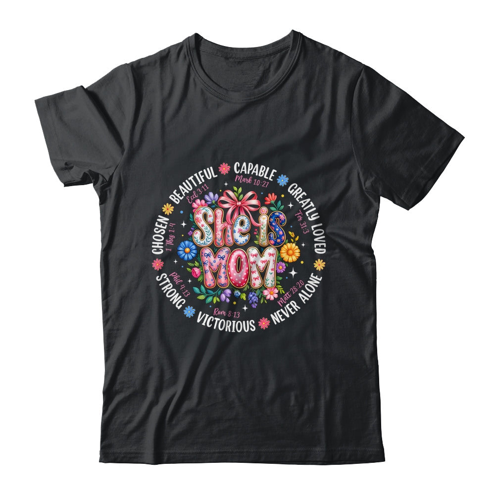 She Is Mom Christian Mom Coquette Faith Bible Mothers Day Shirt & Hoodie | siriusteestore