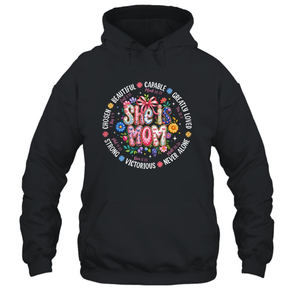 She Is Mom Christian Mom Coquette Faith Bible Mothers Day Shirt & Hoodie | siriusteestore