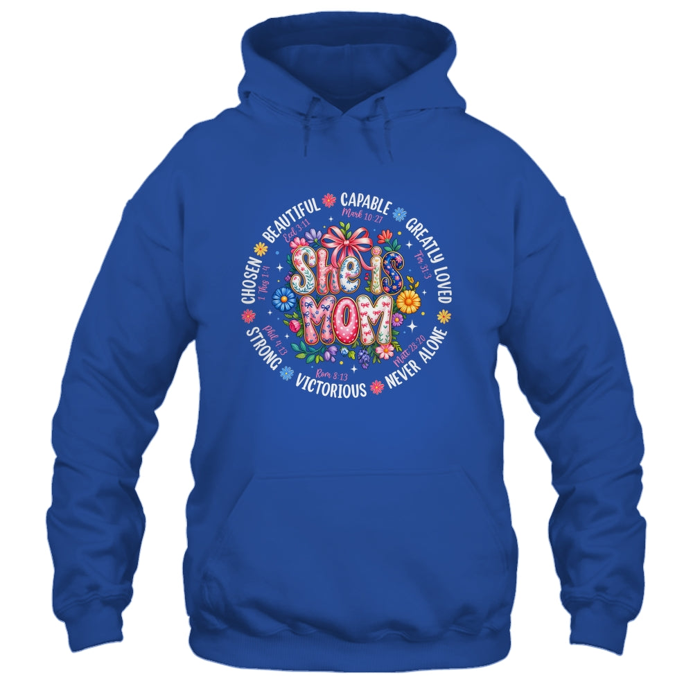 She Is Mom Christian Mom Coquette Faith Bible Mothers Day Shirt & Hoodie | siriusteestore