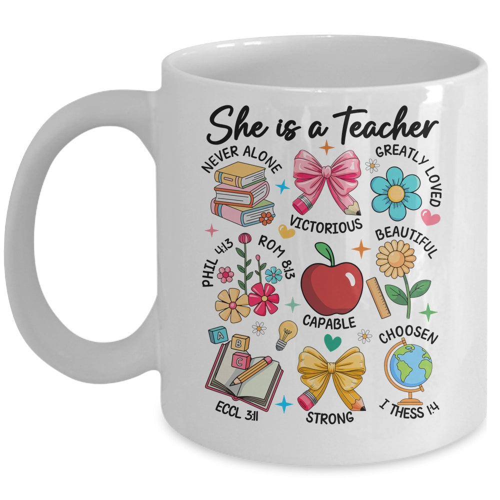 She Is Teacher Mom Christian Bible Verses Floral Mothers Day Mug | siriusteestore