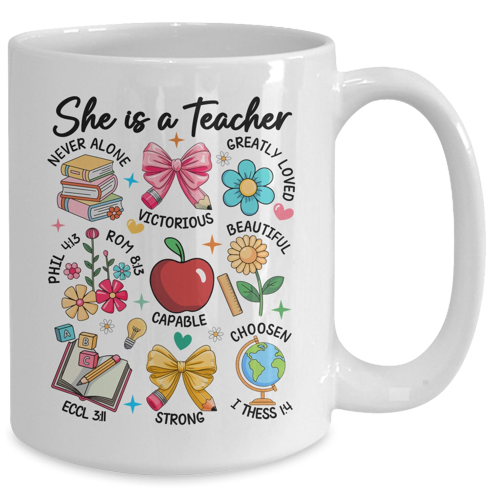 She Is Teacher Mom Christian Bible Verses Floral Mothers Day Mug | siriusteestore