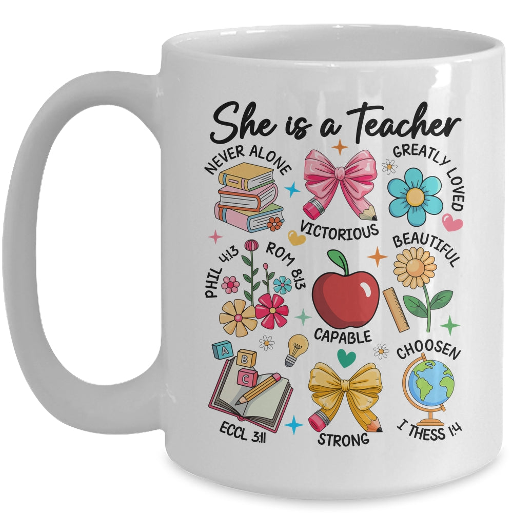 She Is Teacher Mom Christian Bible Verses Floral Mothers Day Mug | siriusteestore
