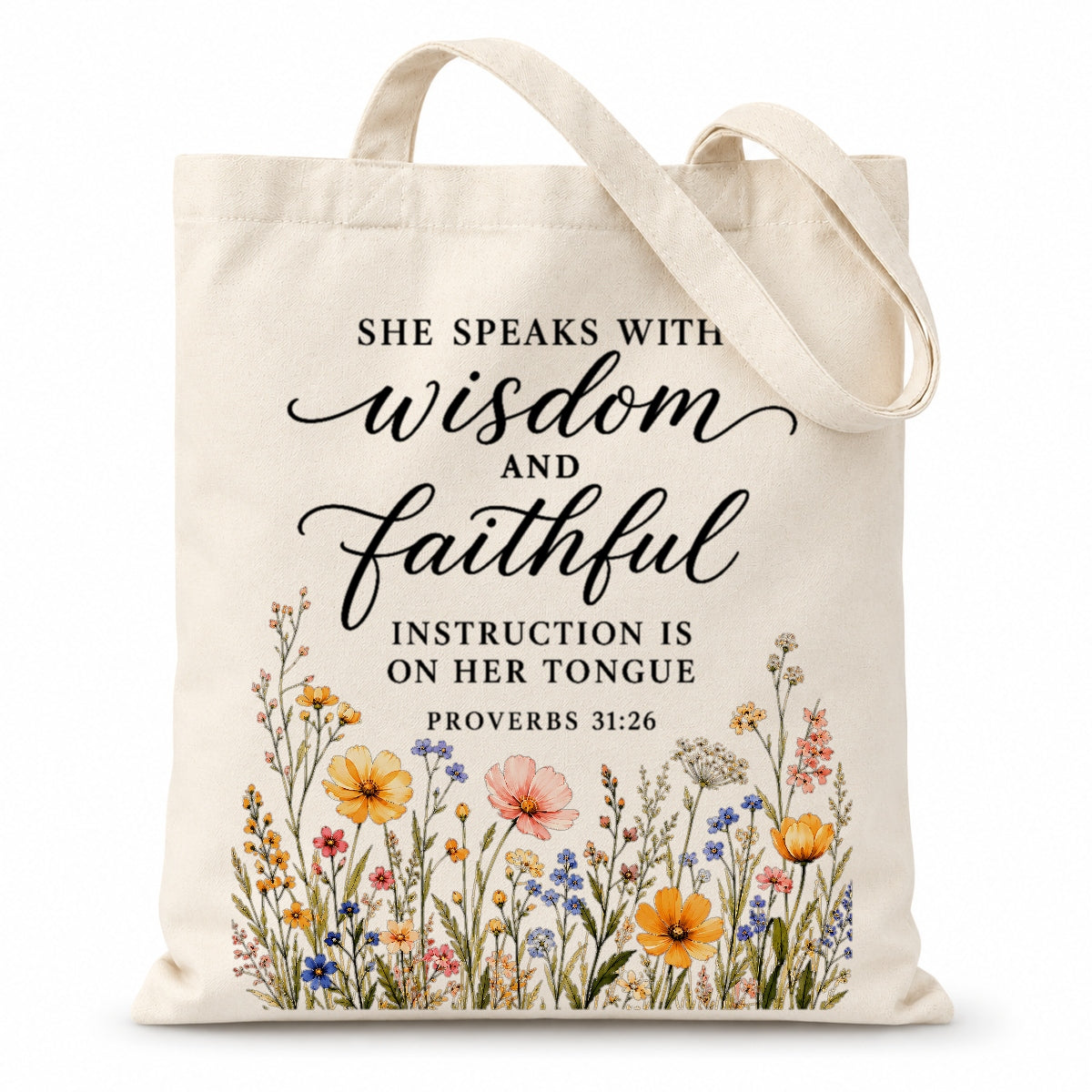 She Speaks With Wisdom And Faithful Instruction Proverbs 31 26 Floral Christian Tote Bag For Women Bible Verse Canvas Bag Church Faith Religious Travel | siriusteestore