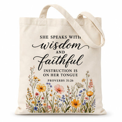 She Speaks With Wisdom And Faithful Instruction Proverbs 31 26 Floral Christian Tote Bag For Women Bible Verse Canvas Bag Church Faith Religious Travel | siriusteestore