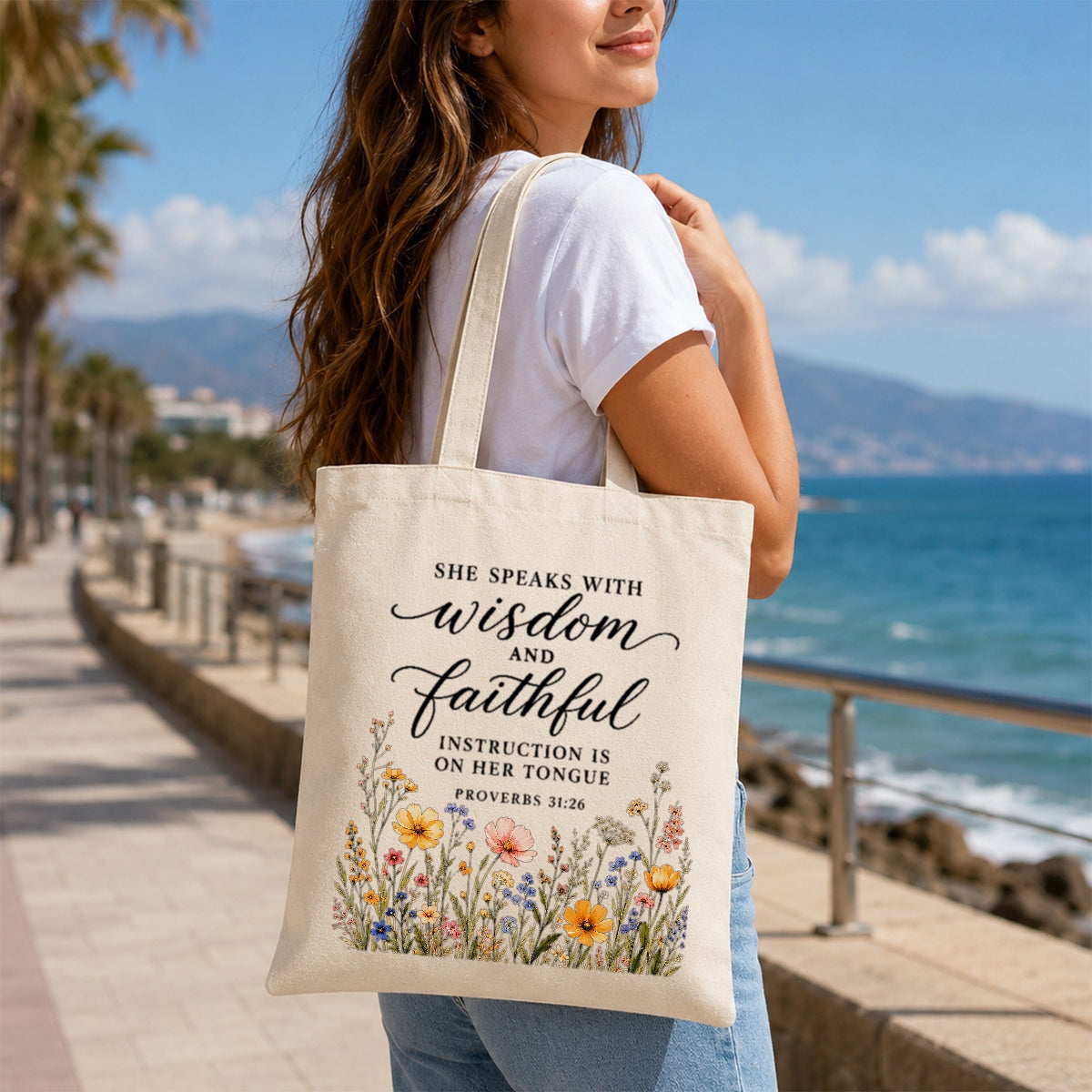 She Speaks With Wisdom And Faithful Instruction Proverbs 31 26 Floral Christian Tote Bag For Women Bible Verse Canvas Bag Church Faith Religious Travel | siriusteestore