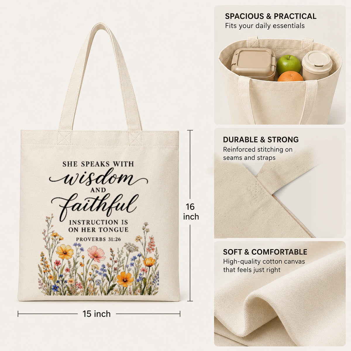 She Speaks With Wisdom And Faithful Instruction Proverbs 31 26 Floral Christian Tote Bag For Women Bible Verse Canvas Bag Church Faith Religious Travel | siriusteestore
