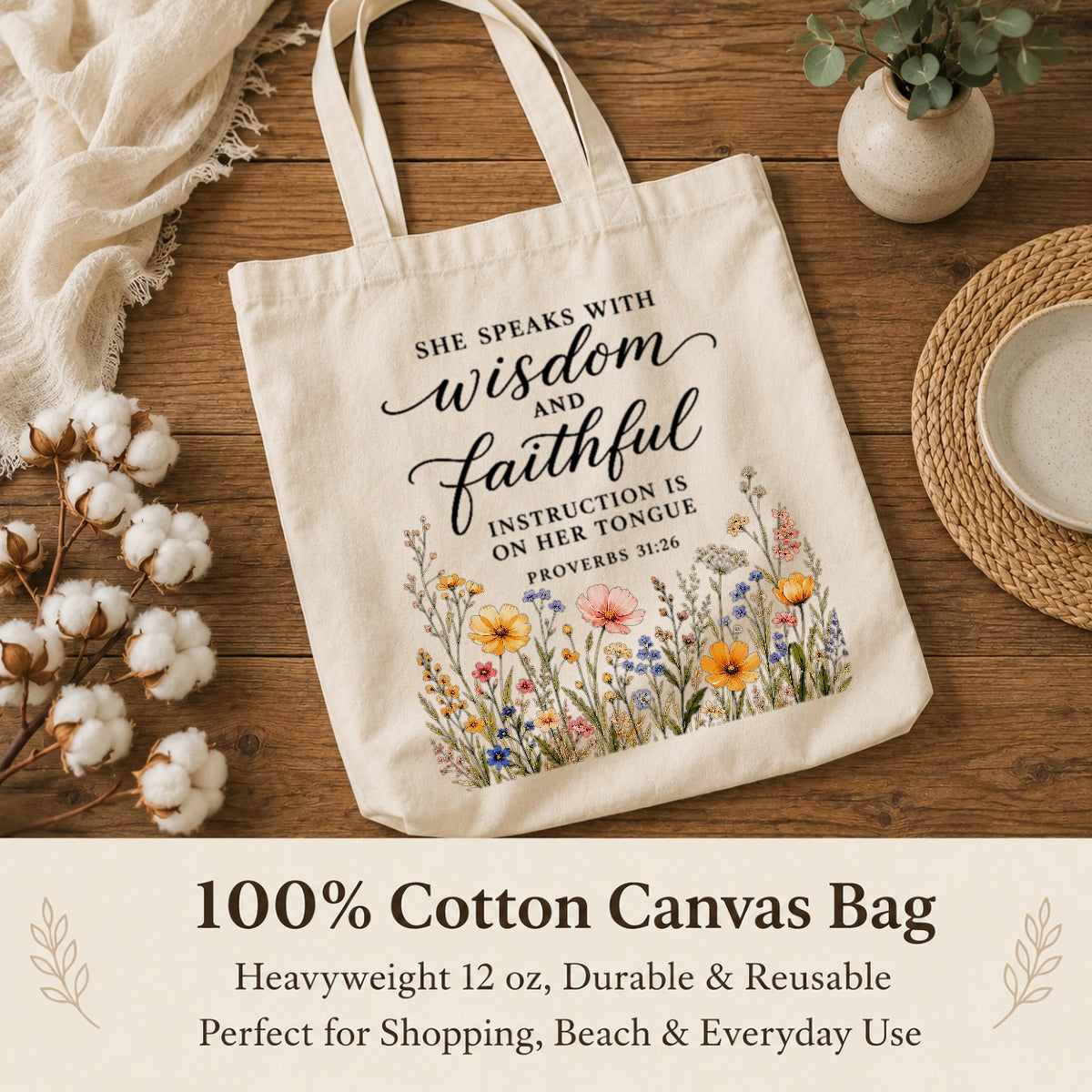 She Speaks With Wisdom And Faithful Instruction Proverbs 31 26 Floral Christian Tote Bag For Women Bible Verse Canvas Bag Church Faith Religious Travel | siriusteestore