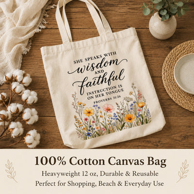 She Speaks With Wisdom And Faithful Instruction Proverbs 31 26 Floral Christian Tote Bag For Women Bible Verse Canvas Bag Church Faith Religious Travel | siriusteestore