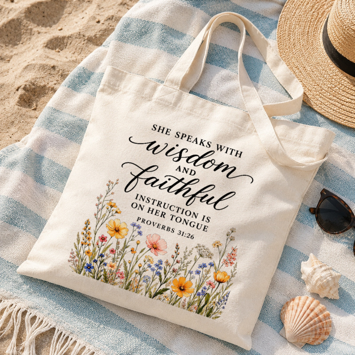 She Speaks With Wisdom And Faithful Instruction Proverbs 31 26 Floral Christian Tote Bag For Women Bible Verse Canvas Bag Church Faith Religious Travel | siriusteestore