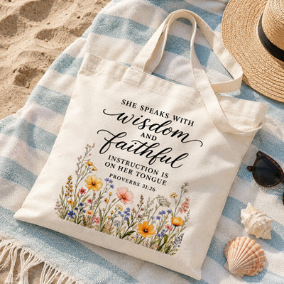 She Speaks With Wisdom And Faithful Instruction Proverbs 31 26 Floral Christian Tote Bag For Women Bible Verse Canvas Bag Church Faith Religious Travel | siriusteestore