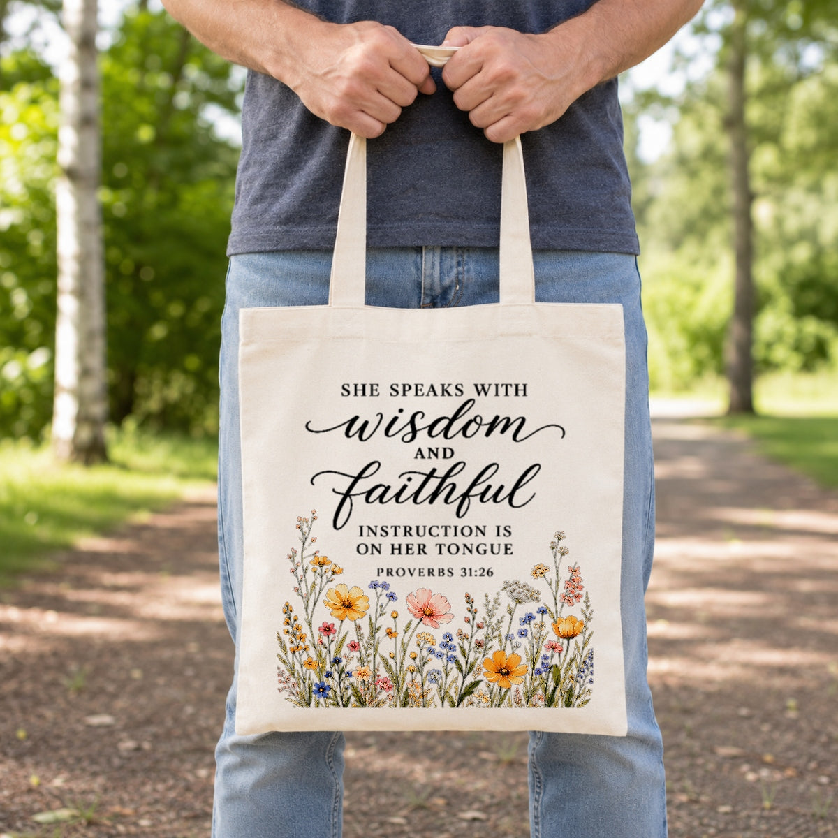 She Speaks With Wisdom And Faithful Instruction Proverbs 31 26 Floral Christian Tote Bag For Women Bible Verse Canvas Bag Church Faith Religious Travel | siriusteestore