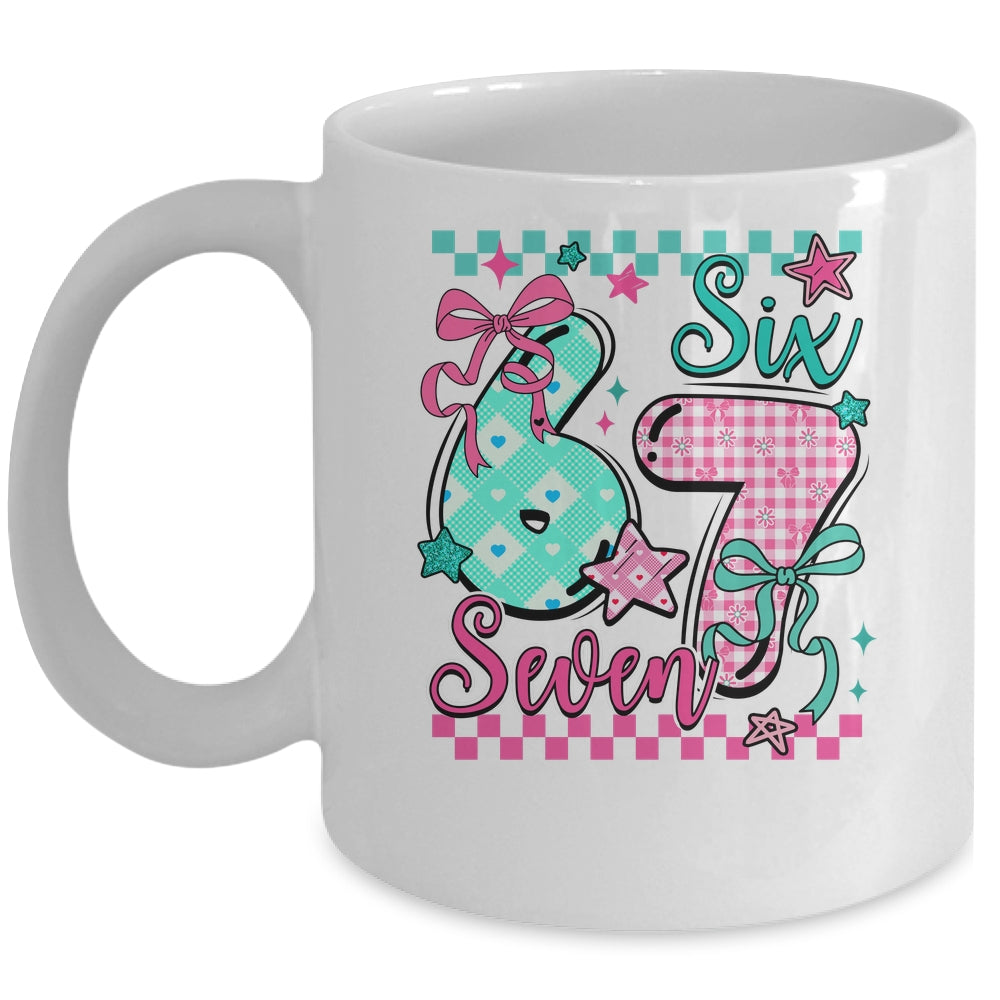 Six Seven 6 7 Valentines Meme Checkered Coquette Bow Heart Mug | siriusteestore