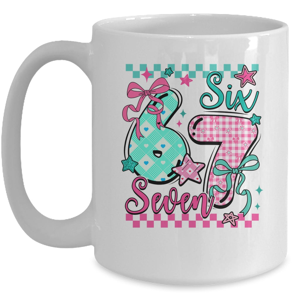 Six Seven 6 7 Valentines Meme Checkered Coquette Bow Heart Mug | siriusteestore