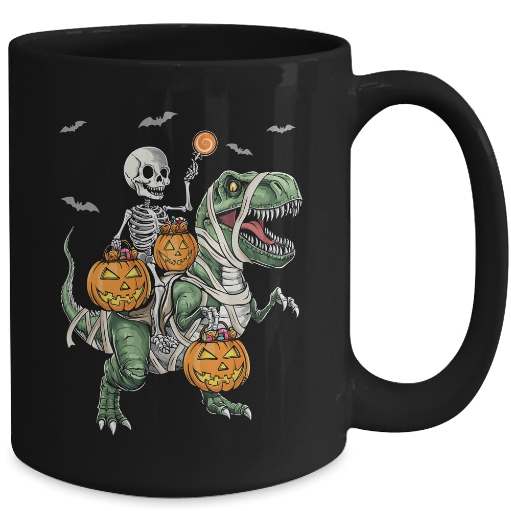 Skeleton Riding Mummy Dinosaur T-rex Halloween Pumpkin Boy Mug | siriusteestore
