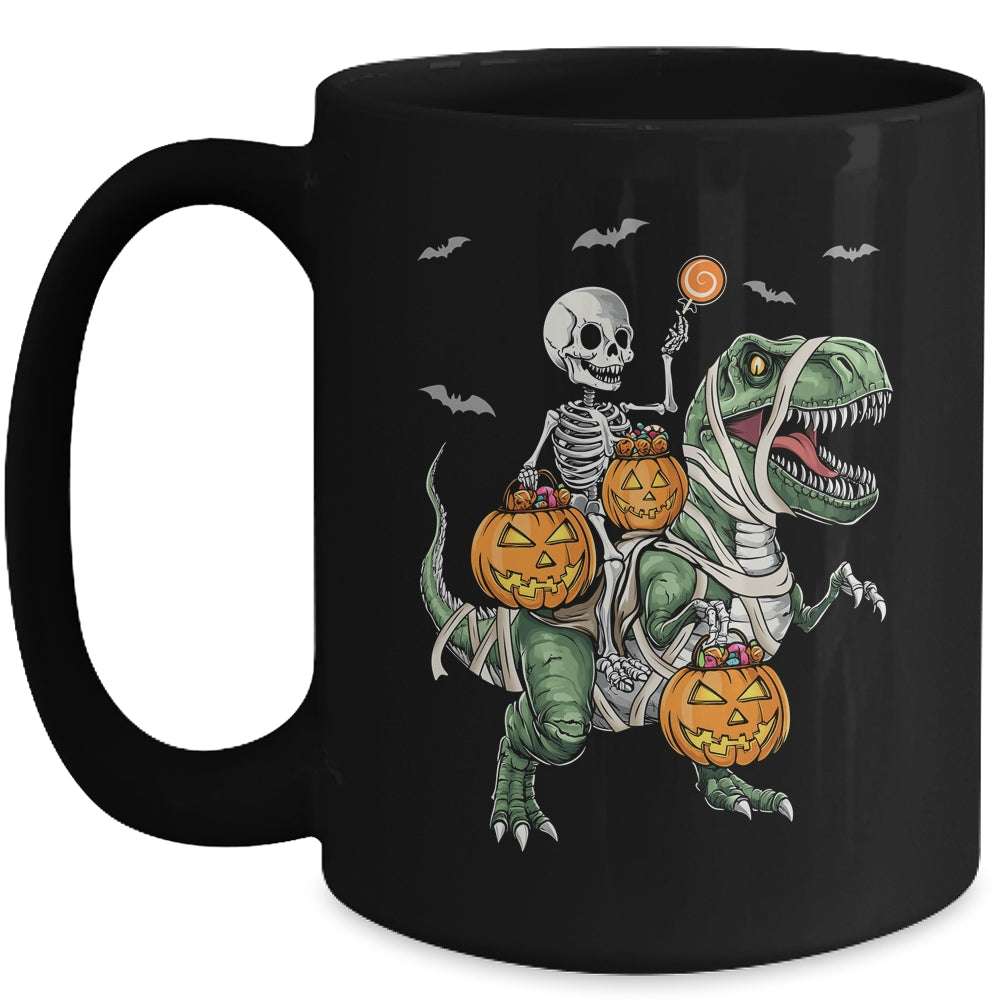 Skeleton Riding Mummy Dinosaur T-rex Halloween Pumpkin Boy Mug | siriusteestore