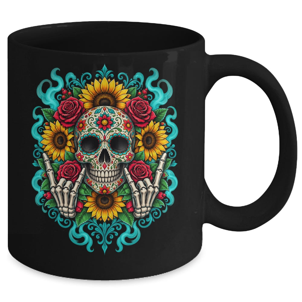 Skull Flowers On Rocker Sunflower Sugar Skull Rock Halloween Mug | siriusteestore