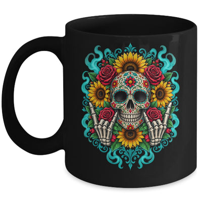 Skull Flowers On Rocker Sunflower Sugar Skull Rock Halloween Mug | siriusteestore