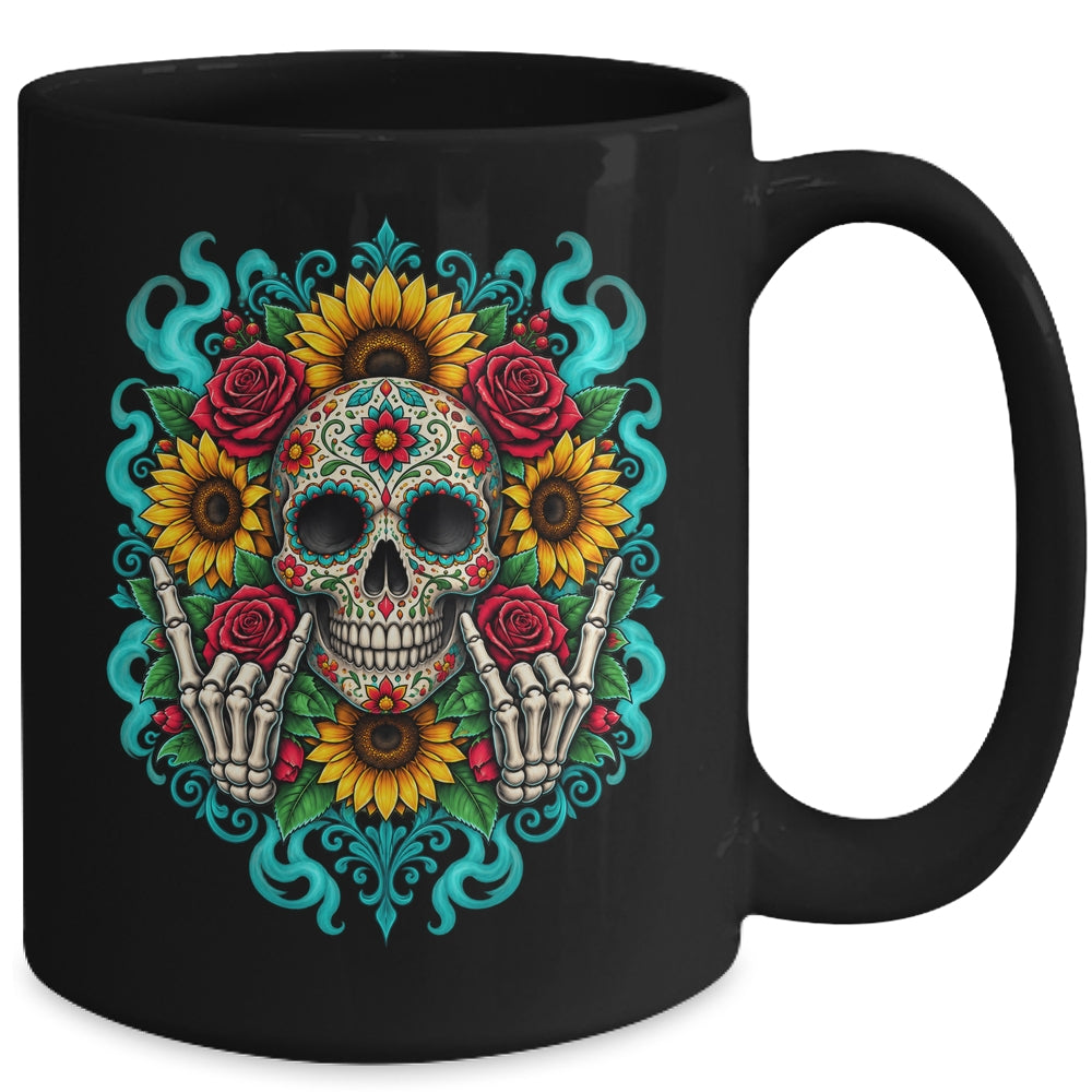 Skull Flowers On Rocker Sunflower Sugar Skull Rock Halloween Mug | siriusteestore
