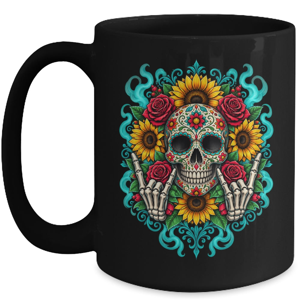 Skull Flowers On Rocker Sunflower Sugar Skull Rock Halloween Mug | siriusteestore