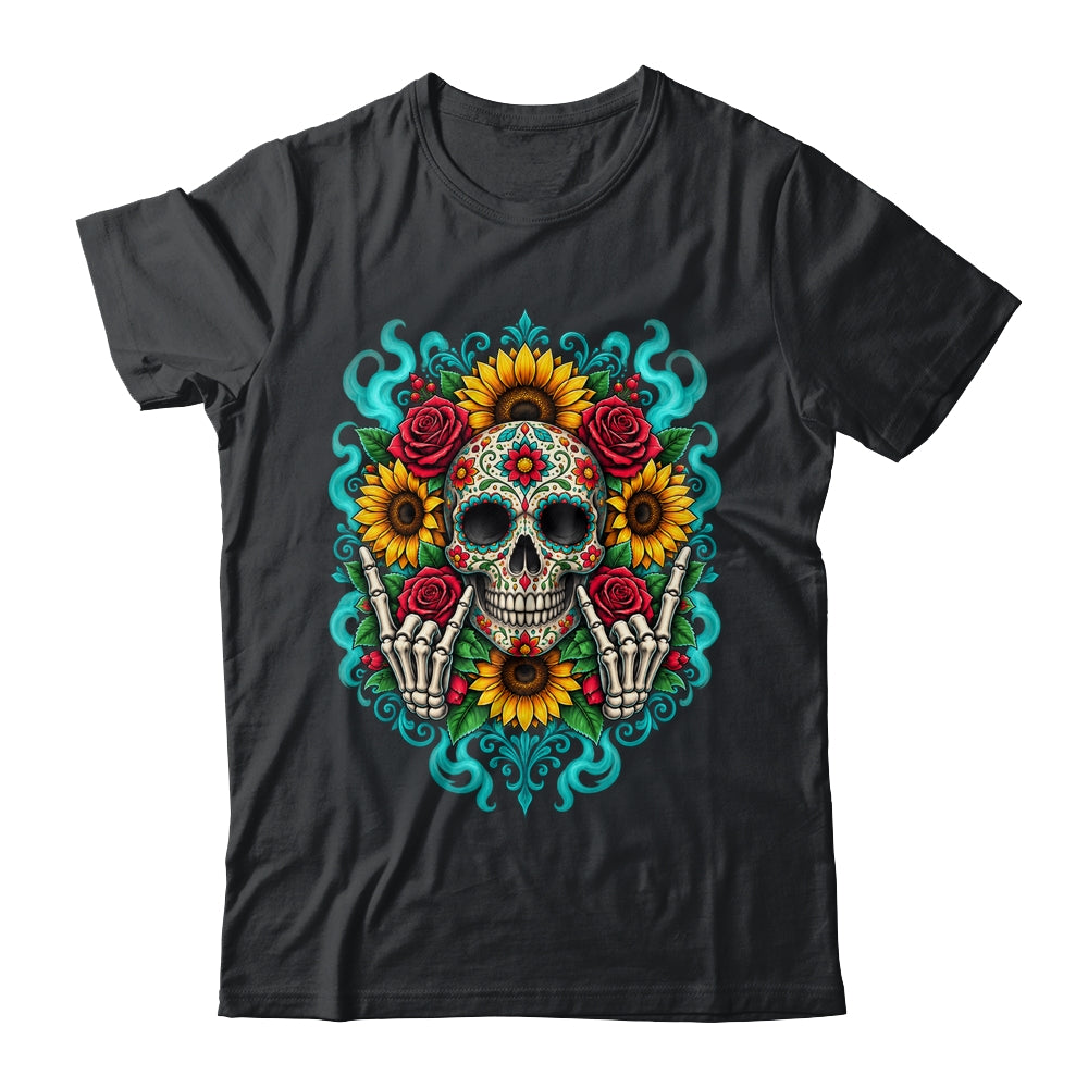 Skull Flowers On Rocker Sunflower Sugar Skull Rock Halloween Shirt & Hoodie | siriusteestore