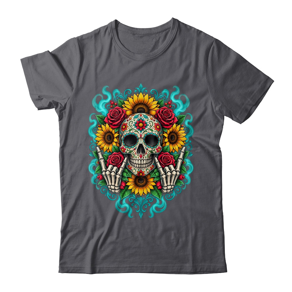 Skull Flowers On Rocker Sunflower Sugar Skull Rock Halloween Shirt & Hoodie | siriusteestore
