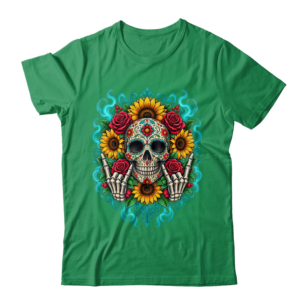Skull Flowers On Rocker Sunflower Sugar Skull Rock Halloween Shirt & Hoodie | siriusteestore