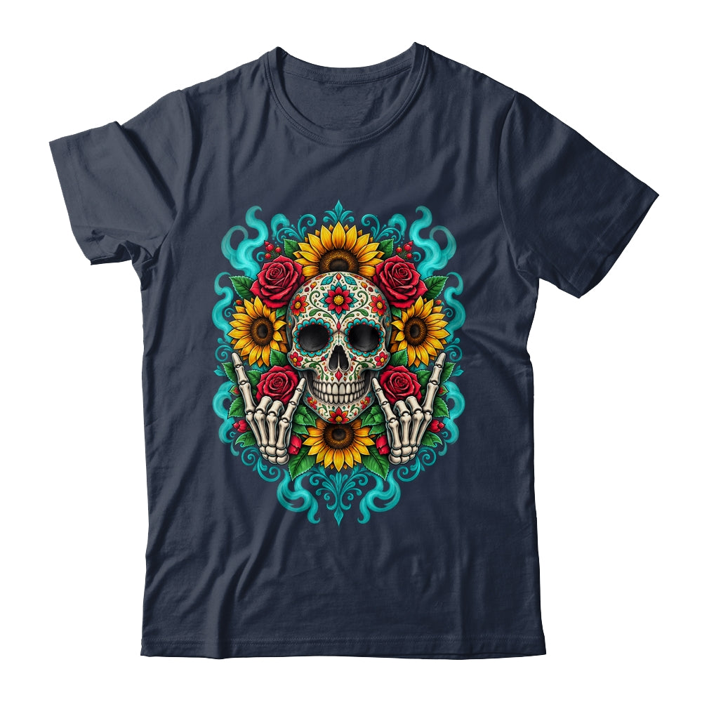 Skull Flowers On Rocker Sunflower Sugar Skull Rock Halloween Shirt & Hoodie | siriusteestore