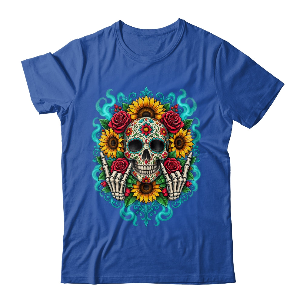 Skull Flowers On Rocker Sunflower Sugar Skull Rock Halloween Shirt & Hoodie | siriusteestore